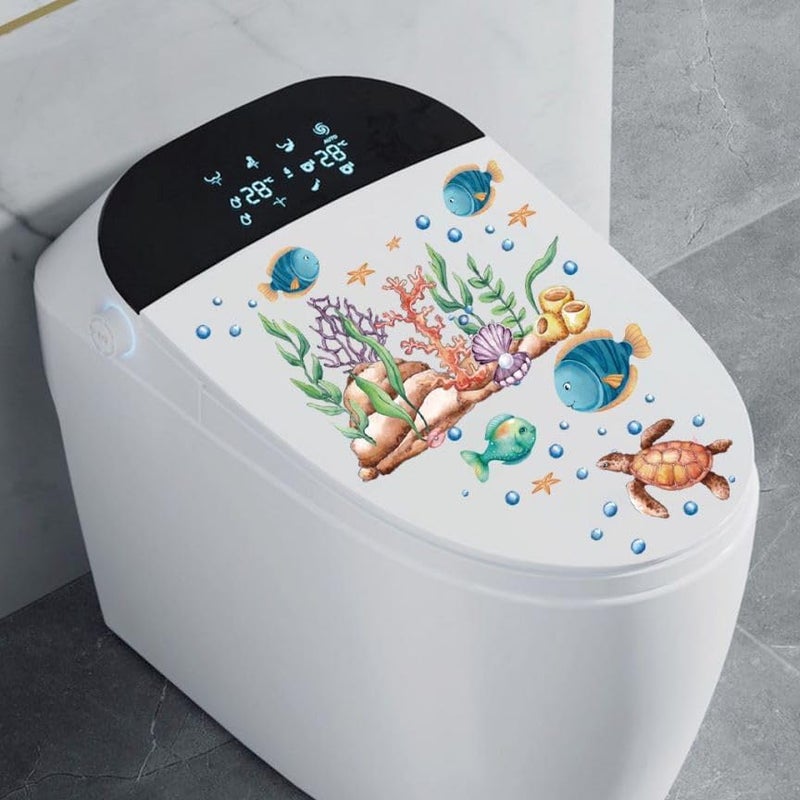 ARPOVIST 3PCS Cartoon Ocean Animals Toilet Seat Lid Stickers, Self-Adhesive Coral Dolphins Turtle Toilet Seat Decals,Under The Sea Toilets Stickers for Bathroom Restroom Decor - Image 2